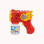 12 Holes Red Bubble Gun with a bottle of bubble solution on a white background