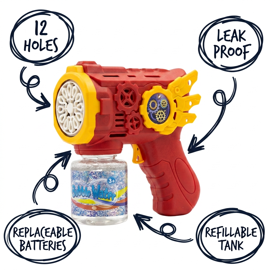 12 Holes Red Bubble Gun with features highlighted on a white background