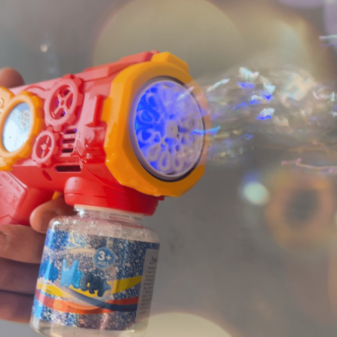 12 Holes Red Bubble Gun Toy with colorful LED lights and bubble solution bottle, producing multiple streams of bubbles for kids playtime fun.