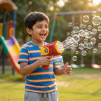Child playing with a 12 Holes Red Bubble Gun on a playground