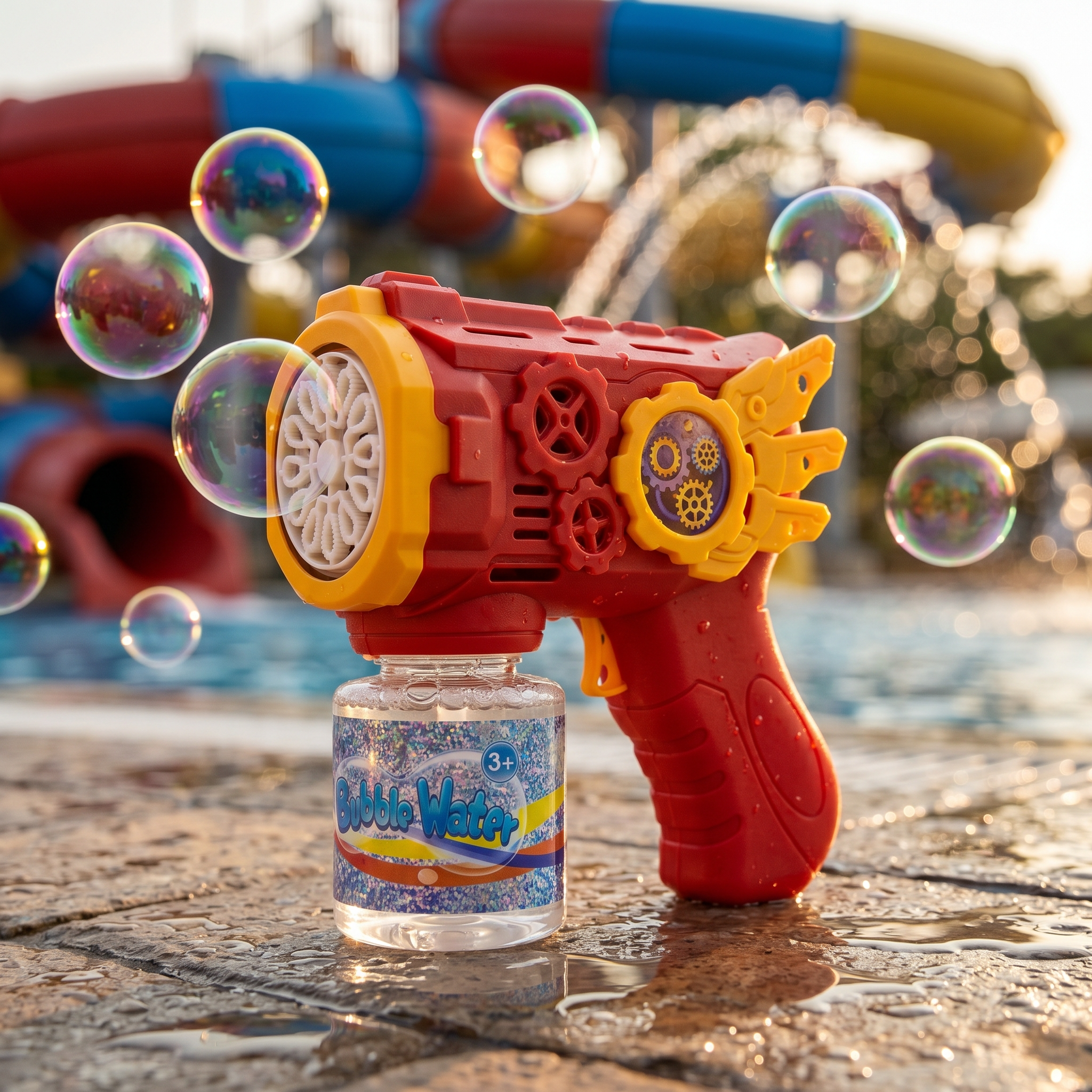 12 Holes Red Bubble Gun with bubbles in front of a pool and playground.