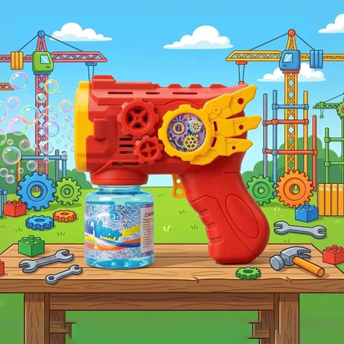 12 Holes Red Bubble Gun with tools on a wooden table against a colorful construction-themed background