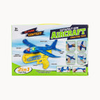 Box of a 2-in-1 Catapult Aircraft Gun Toy (Blue Plane Red Gun) with images and text on a white background