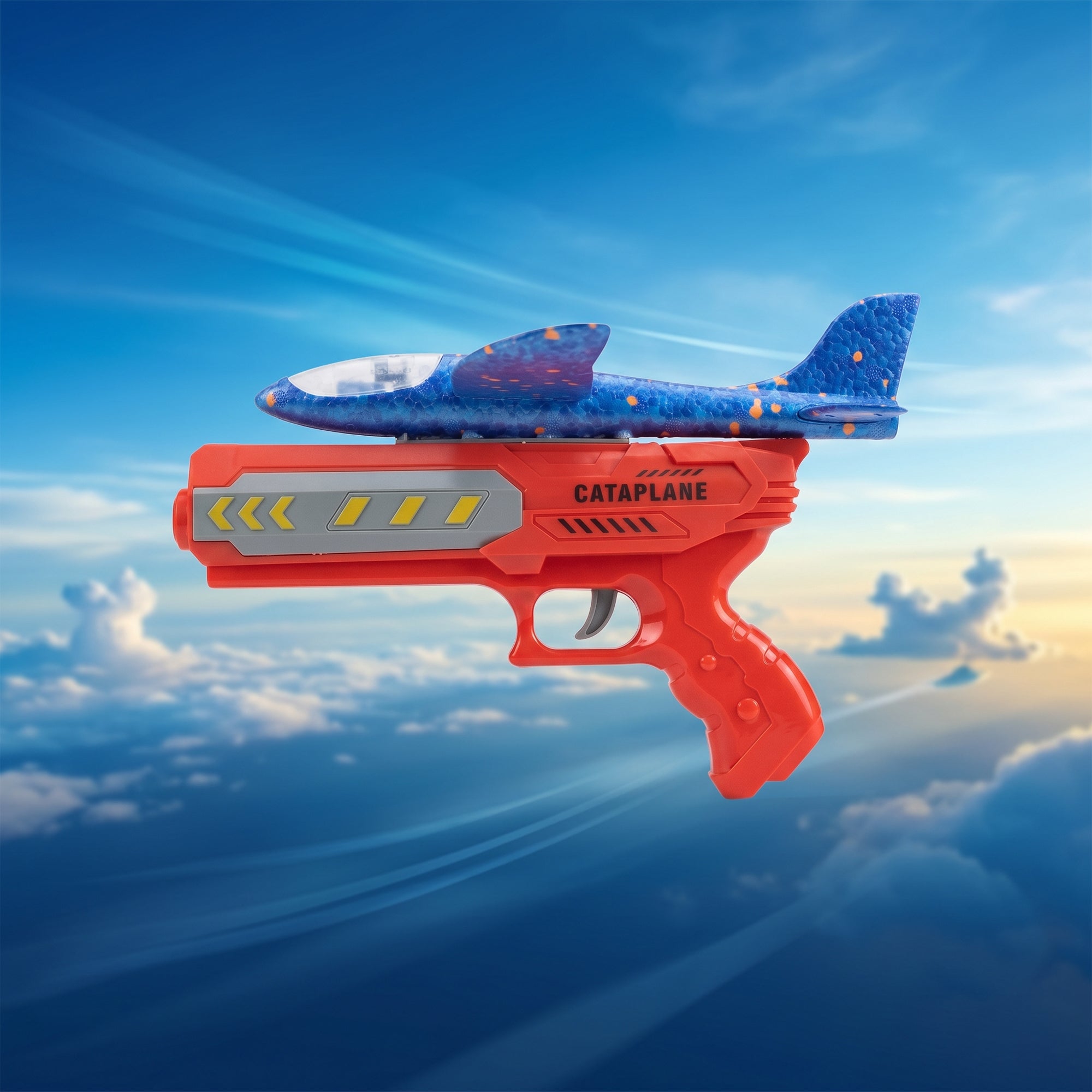 2-in-1 Catapult Aircraft Gun Toy (Blue Plane Red Gun) against a blue sky background