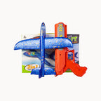 2-in-1 Catapult Aircraft Gun Toy (Blue Plane Red Gun) attached in front of its packaging on a white background