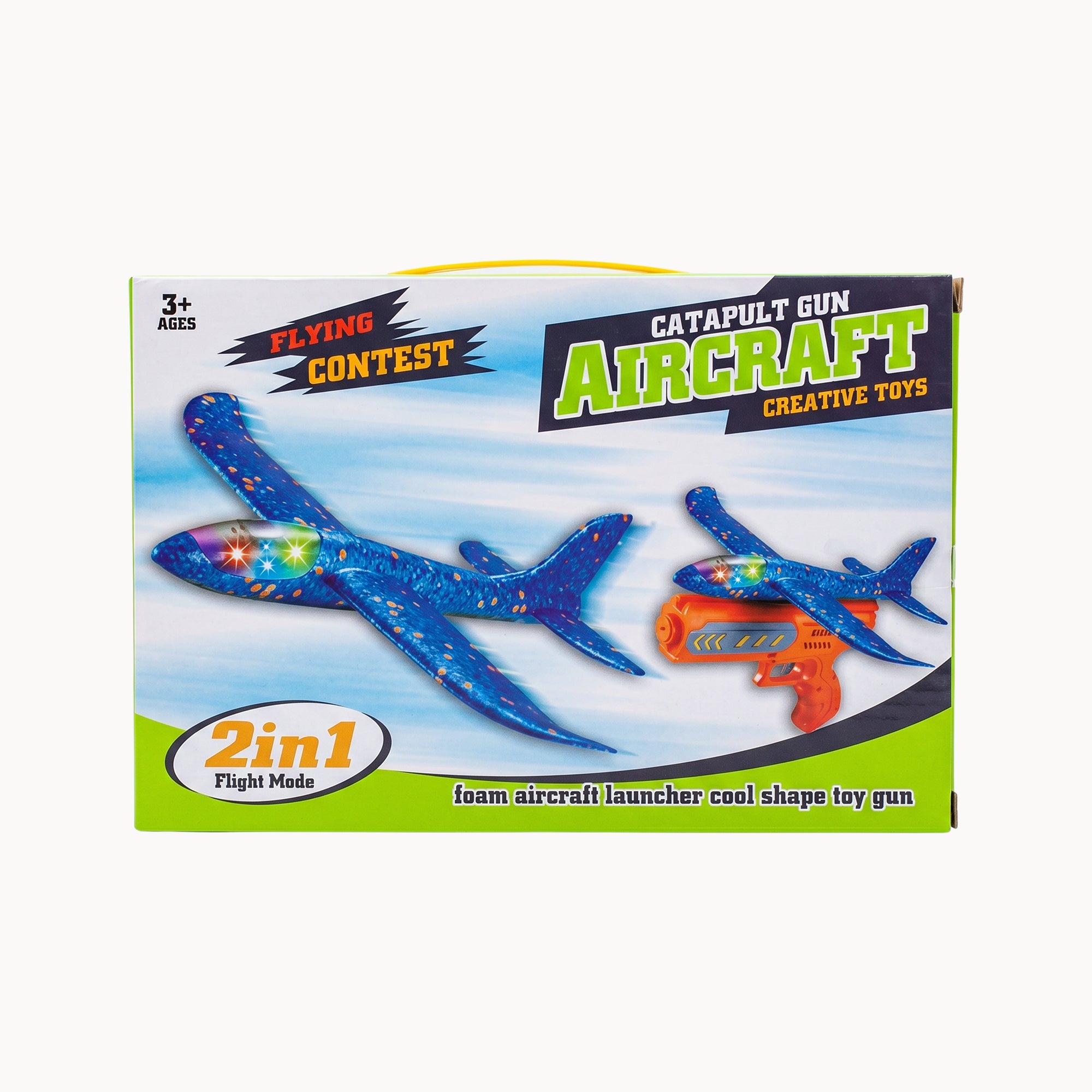Box of a 2-in-1 Catapult Aircraft Gun Toy (Red Plane Blue Gun) on a white background.