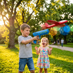 2-in-1 Catapult Aircraft Gun Toy (Red Plane Blue Gun) airplane in a park.