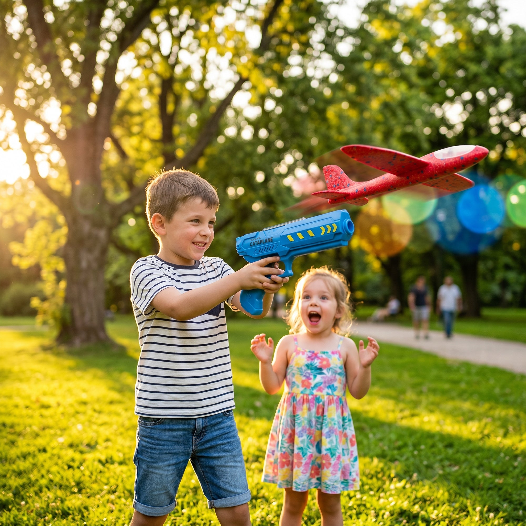 2-in-1 Catapult Aircraft Gun Toy (Red Plane Blue Gun) airplane in a park.