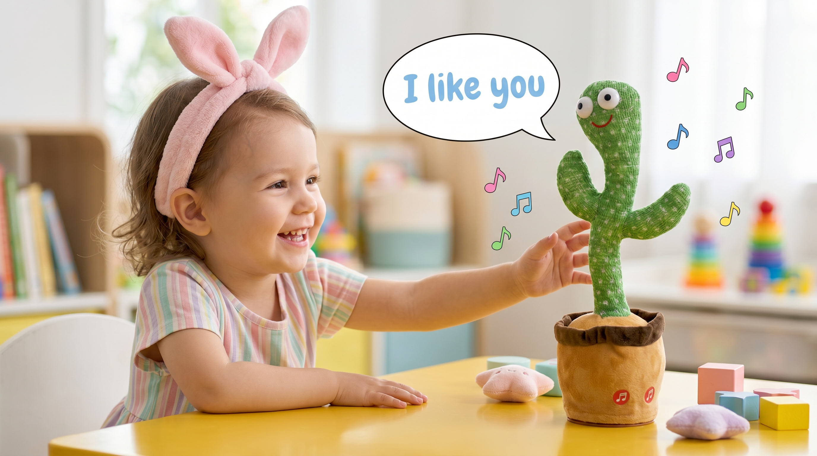 Child interacting with Dancing cactus toy that says 'I like you' in a bright room.