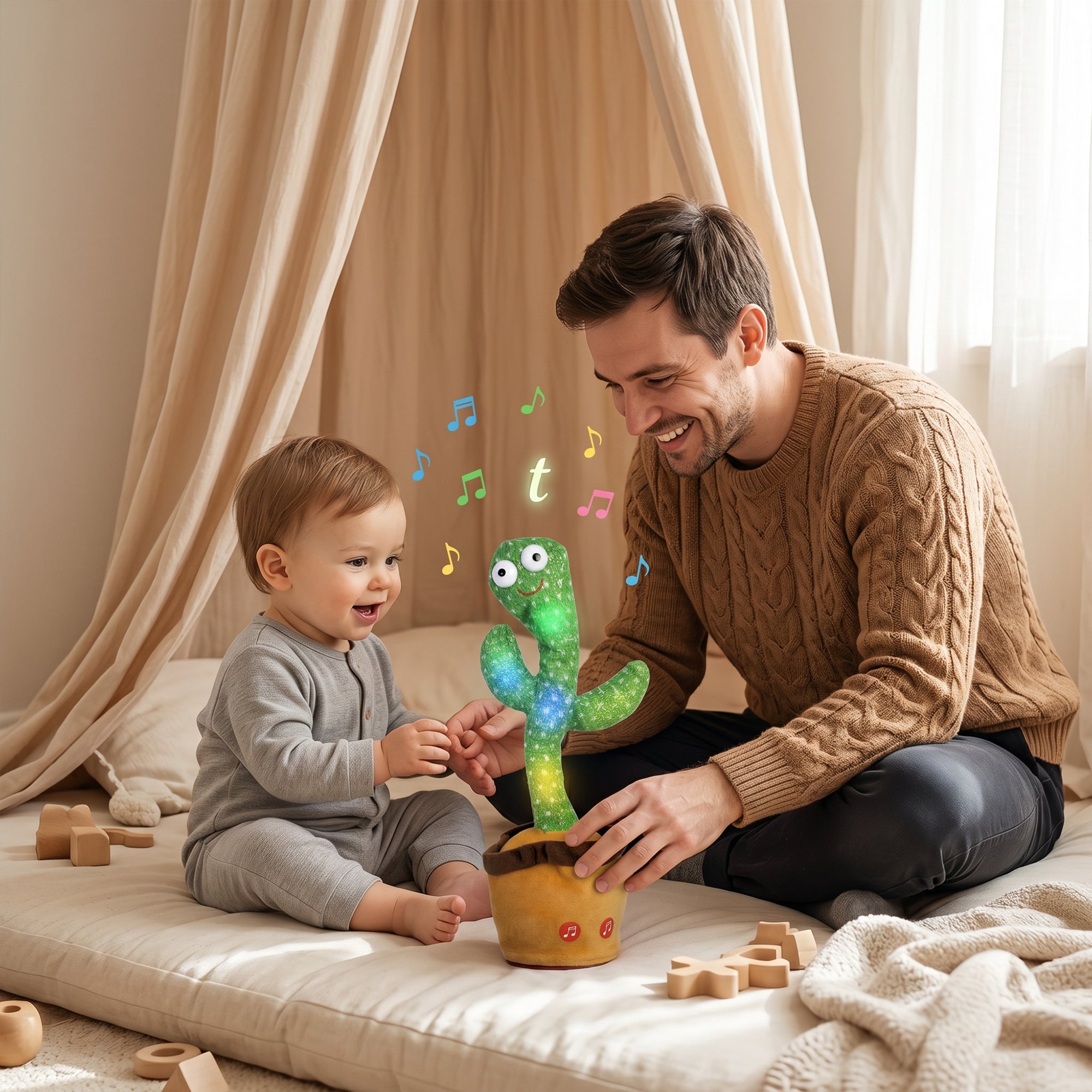 Father and baby playing with Dancing & Talking Cactus Toy