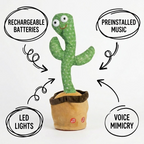 Dancing & Talking Cactus toy with LED lights, rechargeable batteries, preinstalled music and voice mimicry on a white background.