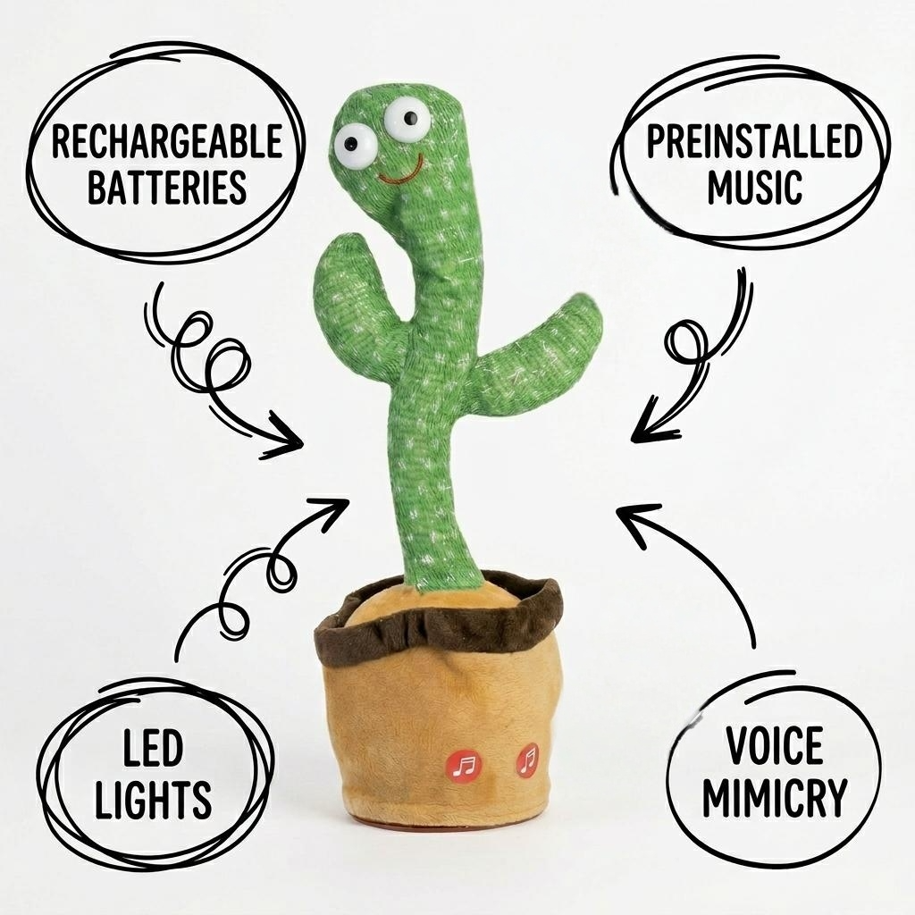 Dancing & Talking Cactus toy with LED lights, rechargeable batteries, preinstalled music and voice mimicry on a white background.
