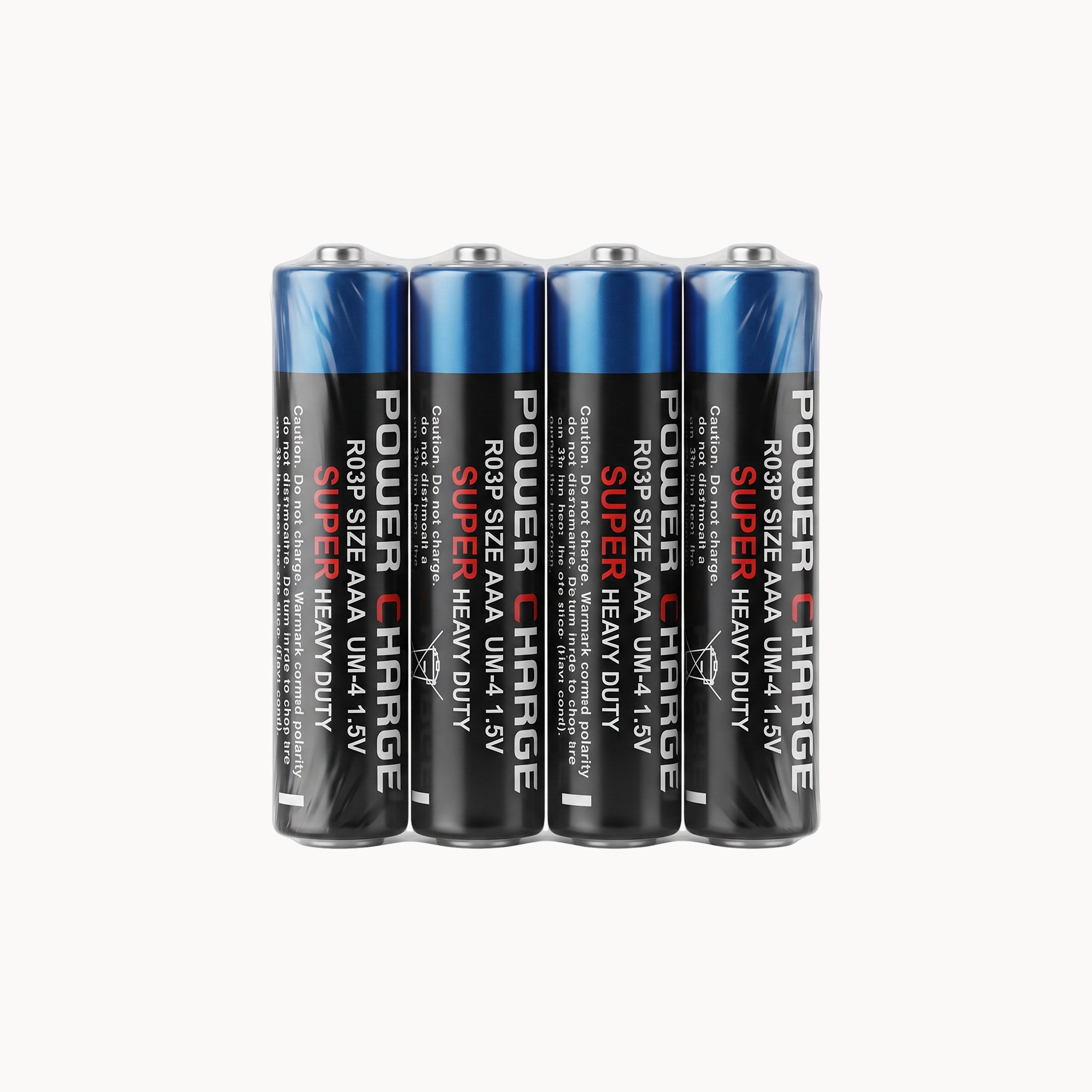 Four Power Charge Super Heavy Duty AAA batteries grouped together on a clean white background.