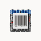 Four AA batteries in a pack, featuring blue tops with plus signs and black labels with 'POWER CHARGE' and 'SUPER HEAVY DUTY' text, shown against a light gray background.