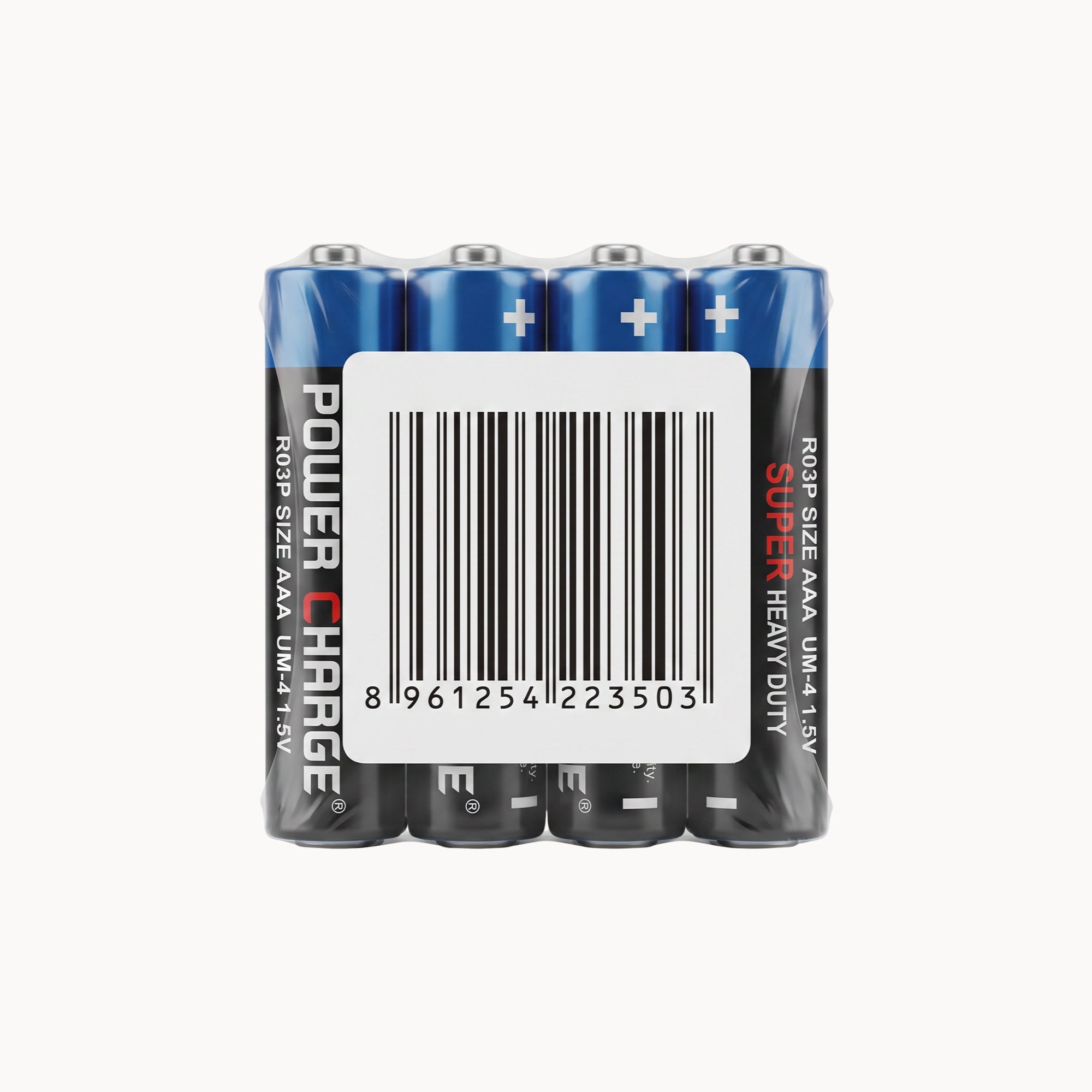 Four AA batteries in a pack, featuring blue tops with plus signs and black labels with 'POWER CHARGE' and 'SUPER HEAVY DUTY' text, shown against a light gray background.