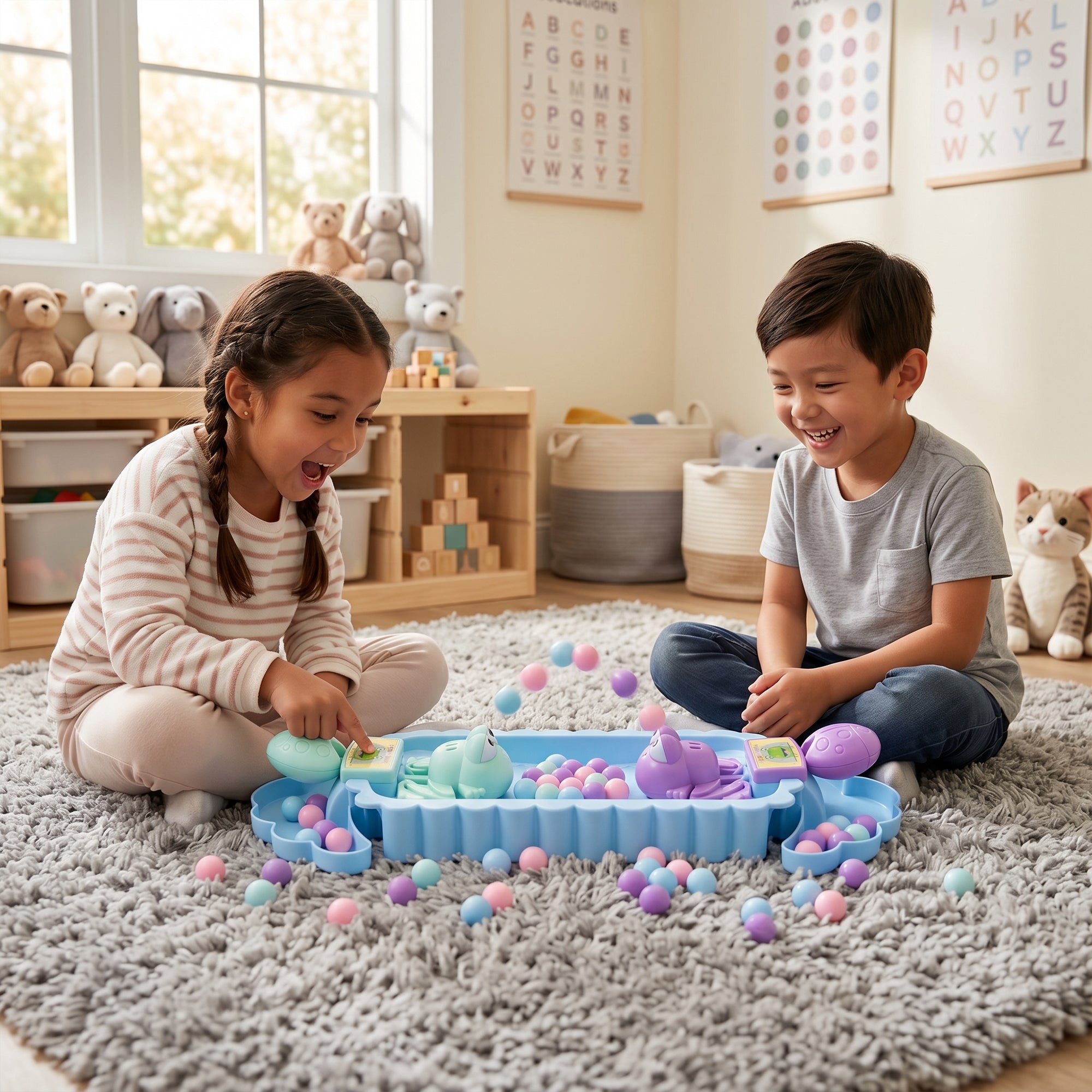 Two children playing with Frogs Subsonic Tabletop Game on a carpeted floor in a room with toys and alphabet posters on the wall.