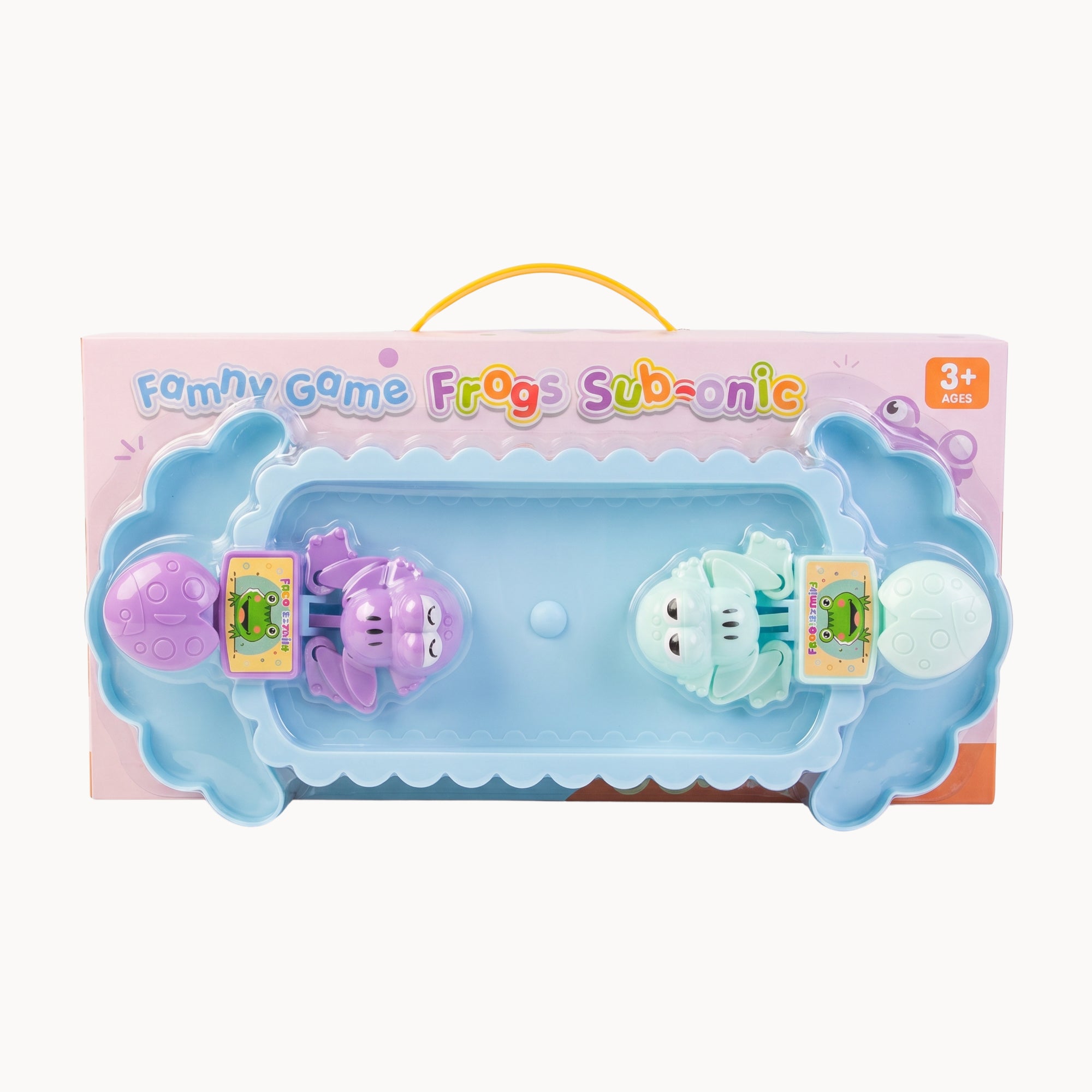 Toy packaging for 'Frogs Subsonic' with two frog-like figures on a white background