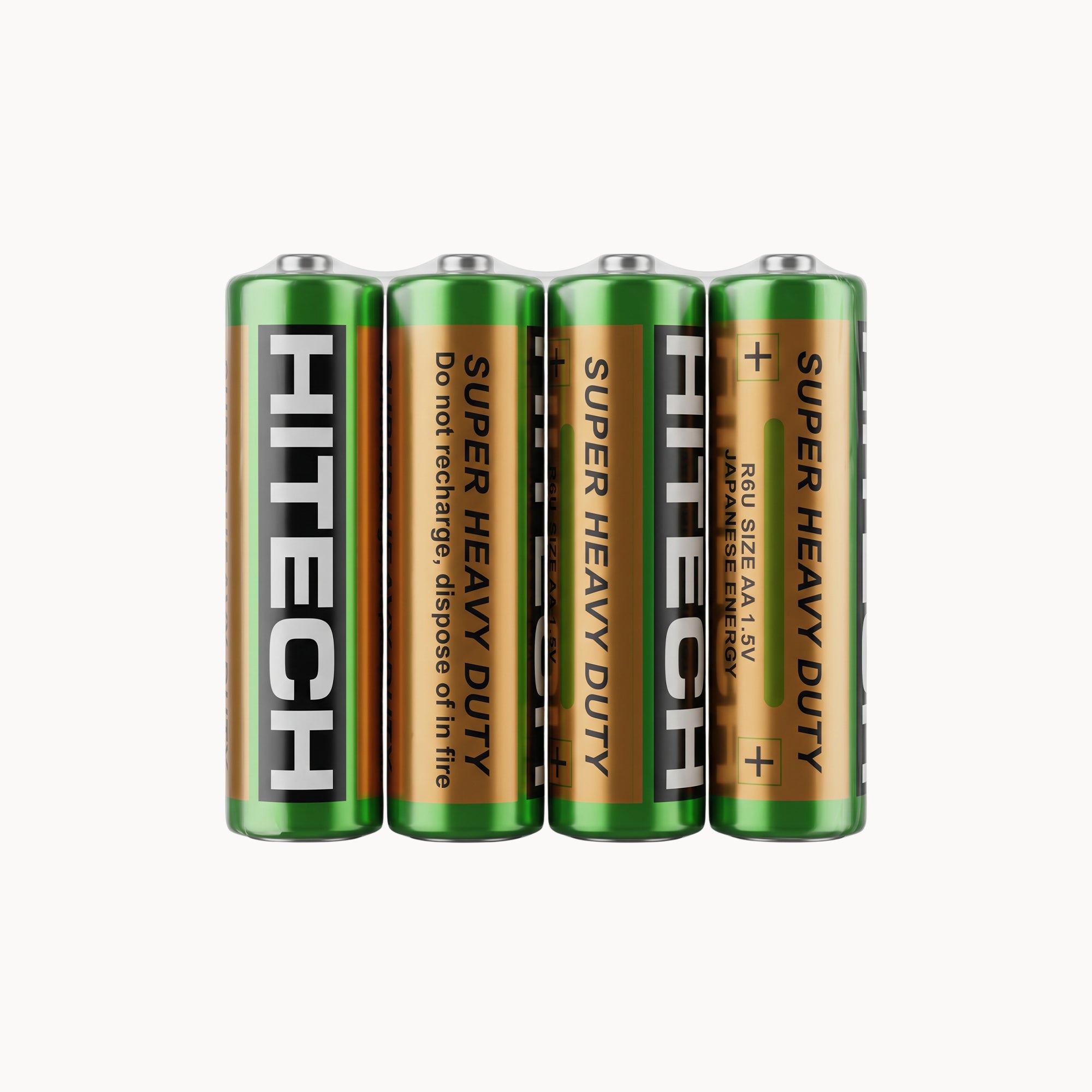 Four Hitech Super Heavy Duty batteries on a white background