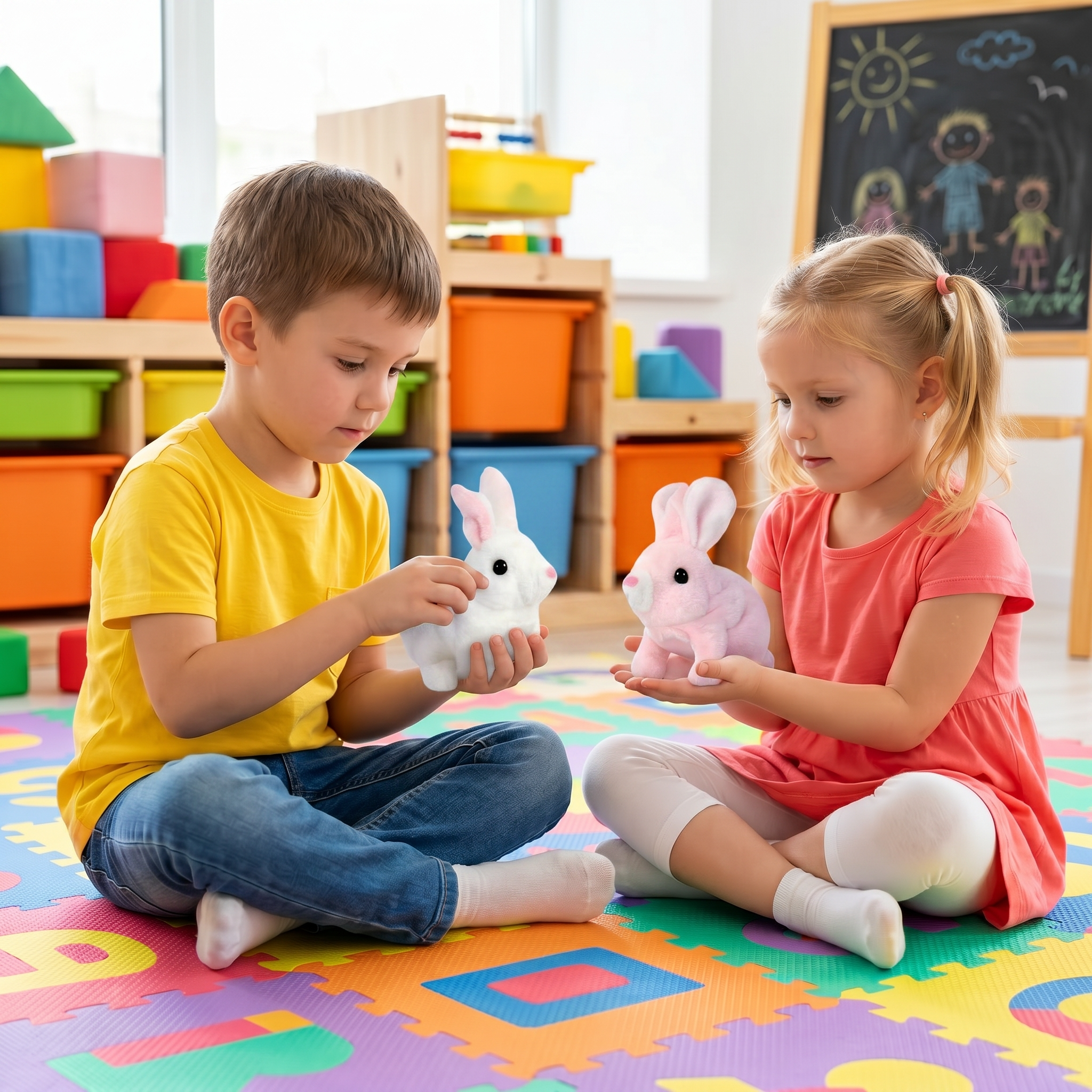 Two children playing with Plush Rabbit Jumping Toy on a colorful mat in a classroom setting.