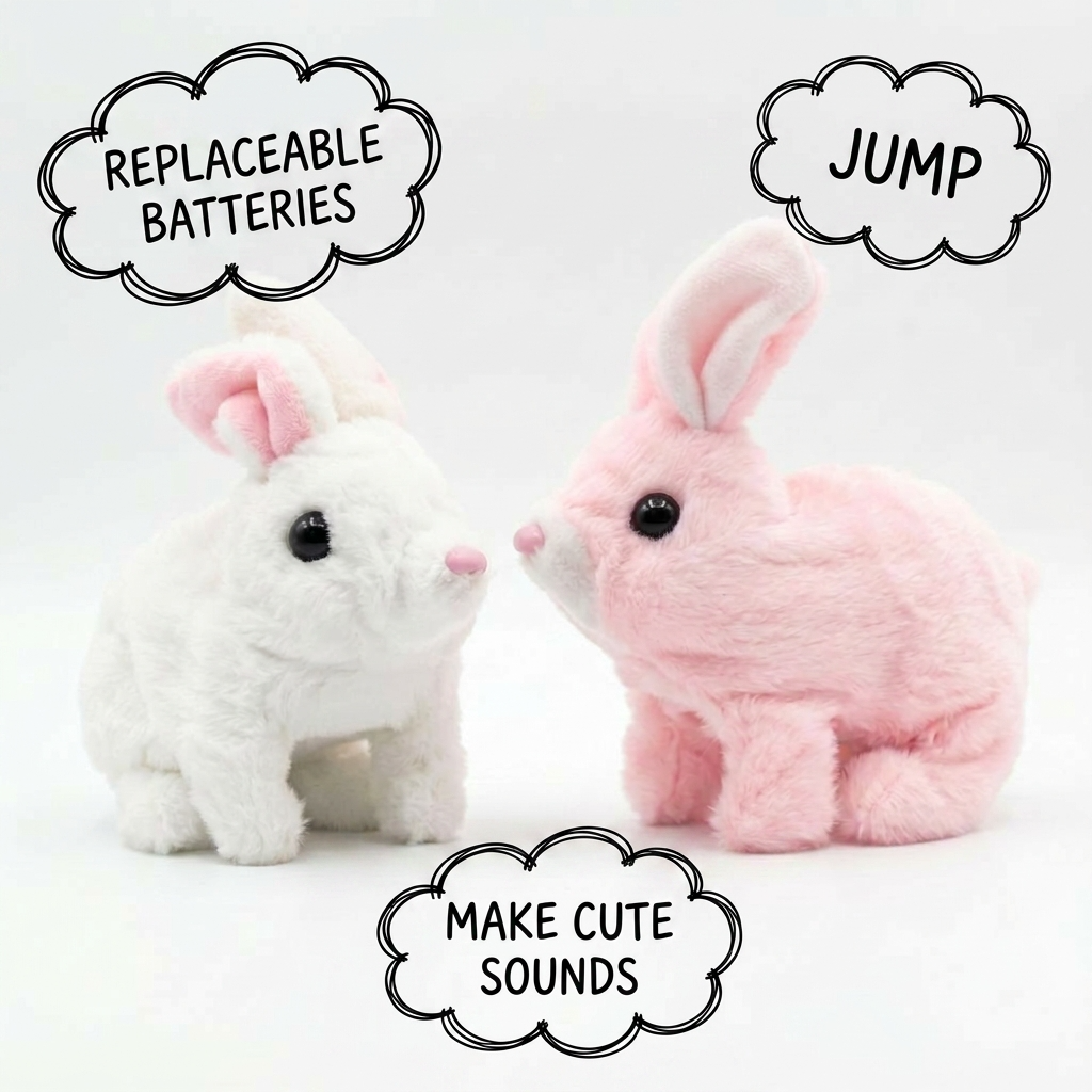 Plush Rabbit Jumping Toy features highlighted on a white background.