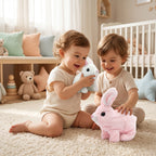 Two children playing with Plush Rabbit Jumping Toy in a nursery