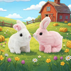 Plush Rabbit Jumping Toy standing in a field with flowers and a barn in the background