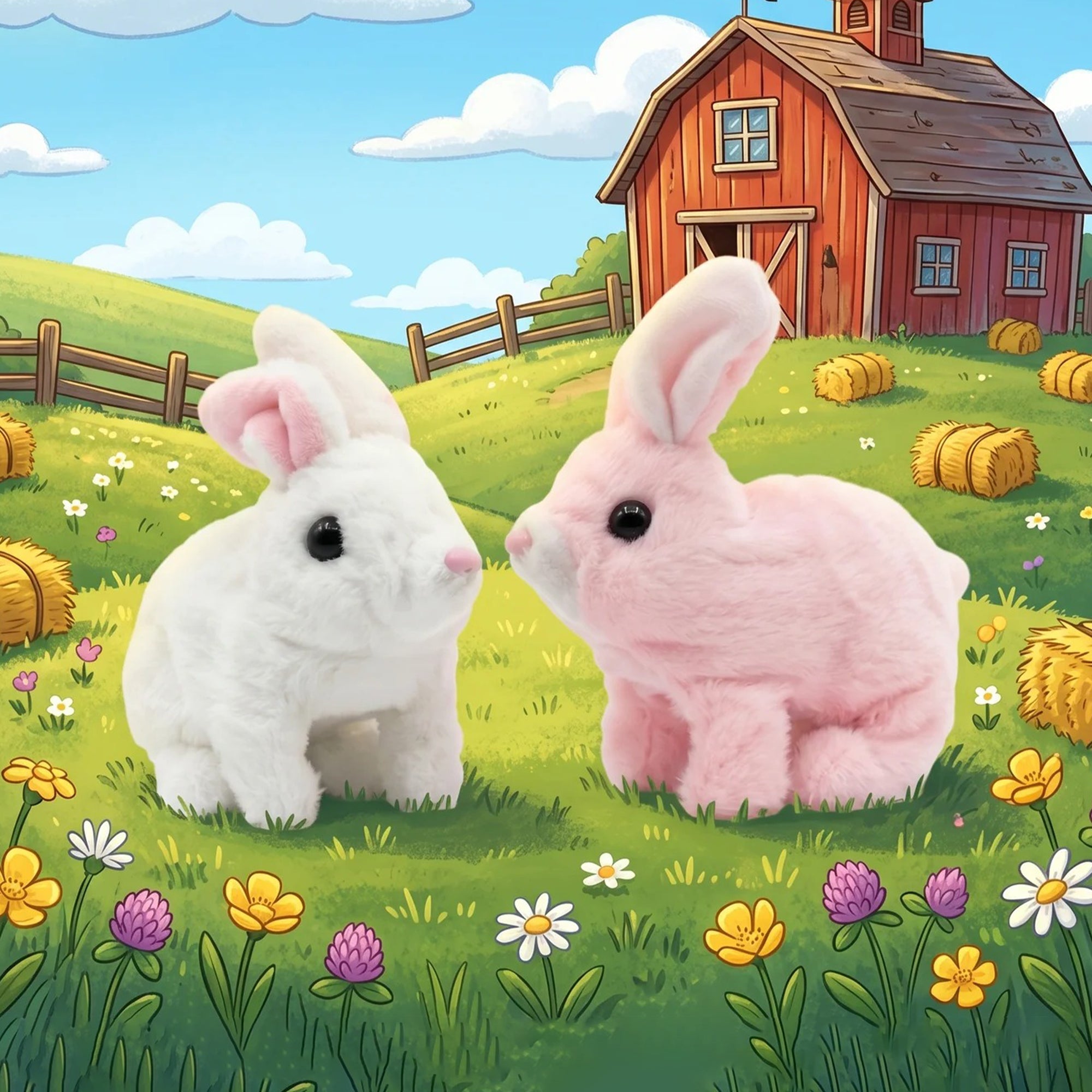 Plush Rabbit Jumping Toy standing in a field with flowers and a barn in the background