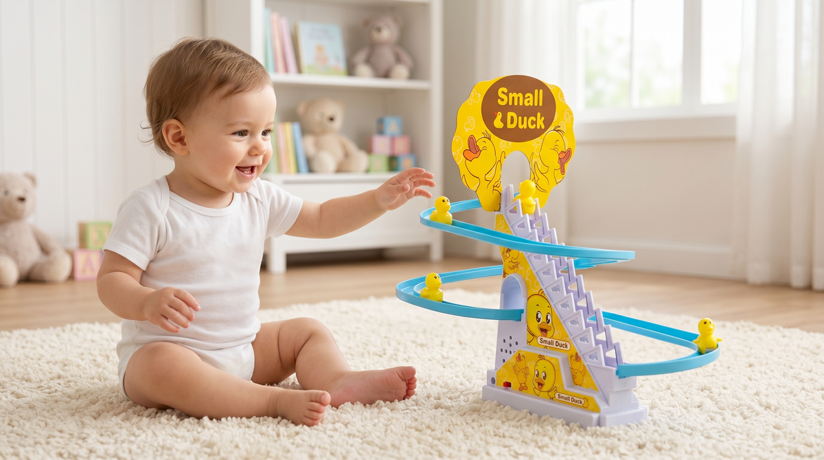 Child playing with Small Duck Stair Climbing Toy in a bright room