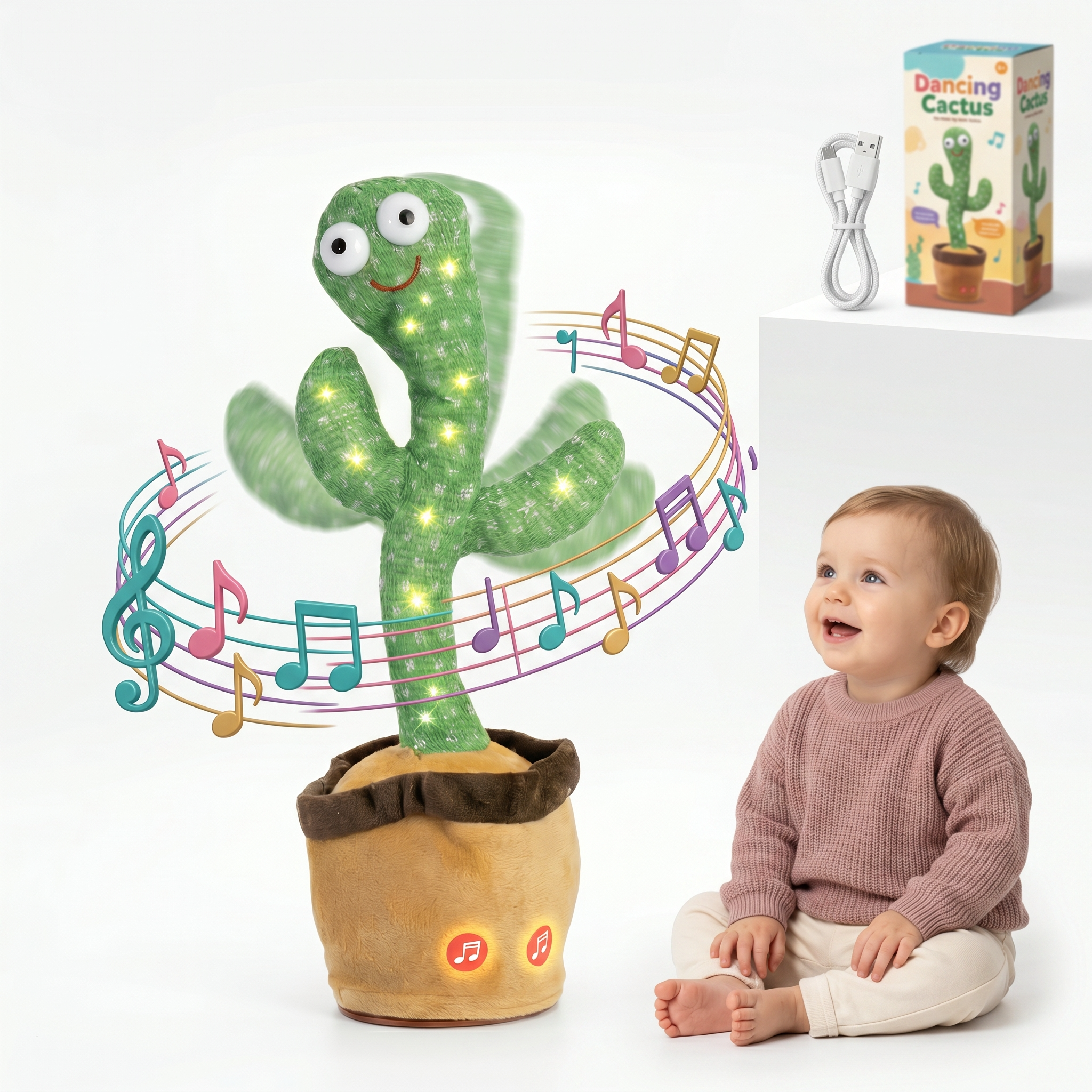 Plush dancing cactus toy with lights and music notes, next to a child sitting on the floor.