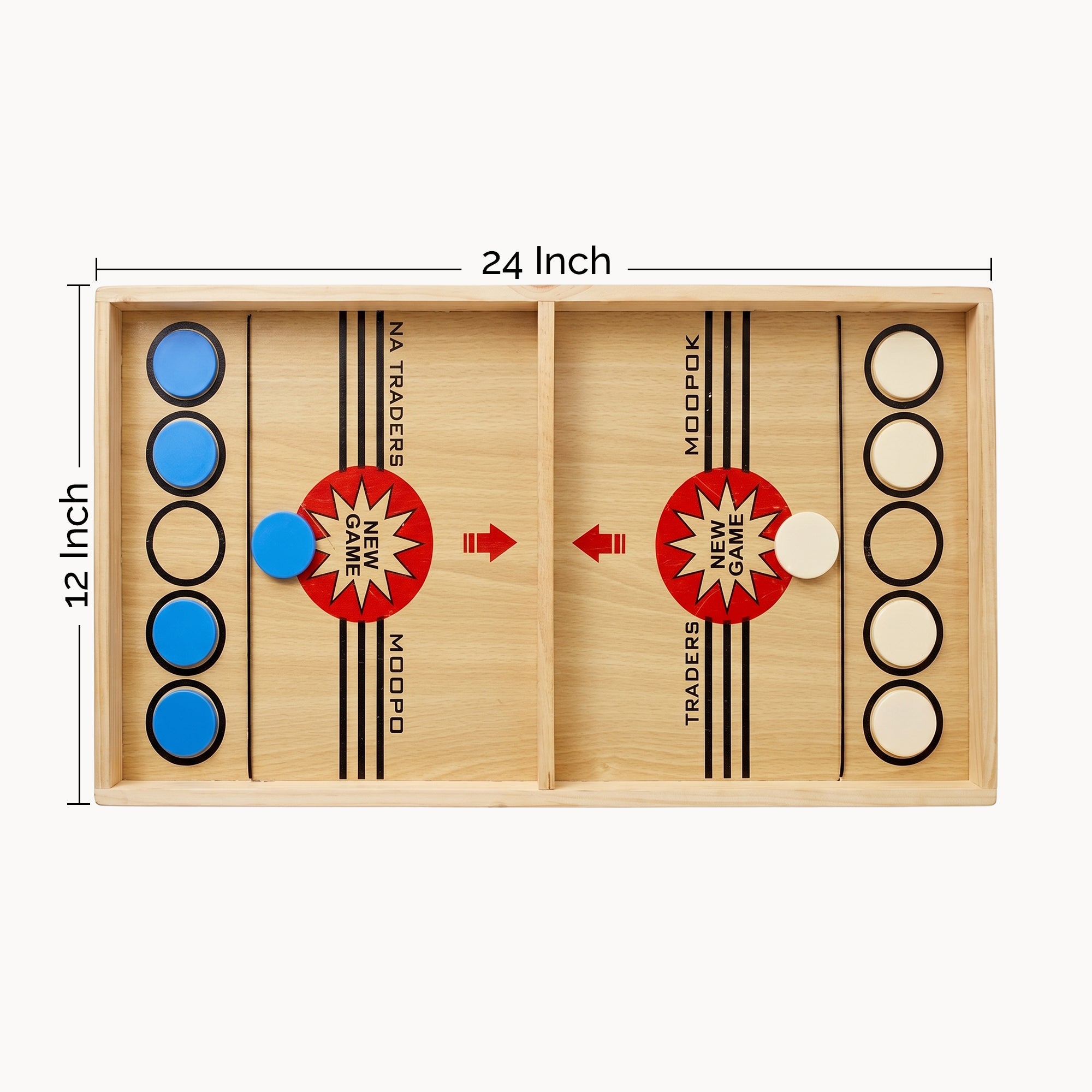 Wooden Sling Puck Board Game with Horizontal & Vertical Dimensions on a White Background