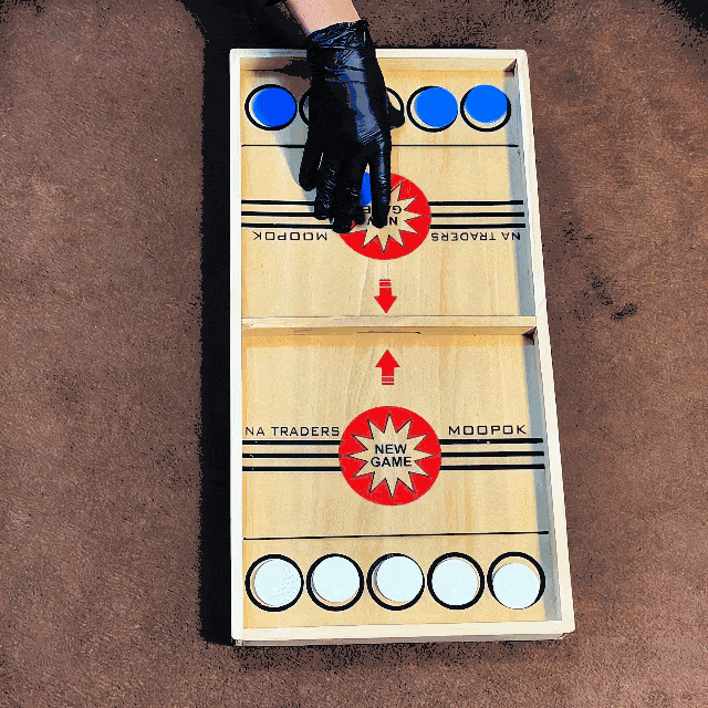 Wooden Sling Puck Board Game with fast-paced tabletop gameplay, smooth wooden surface and blue and white pucks.