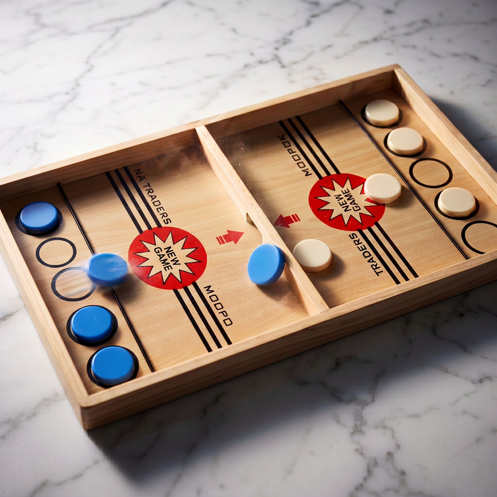Wooden Sling Puck Board Game board with blue and white pieces on a marble surface