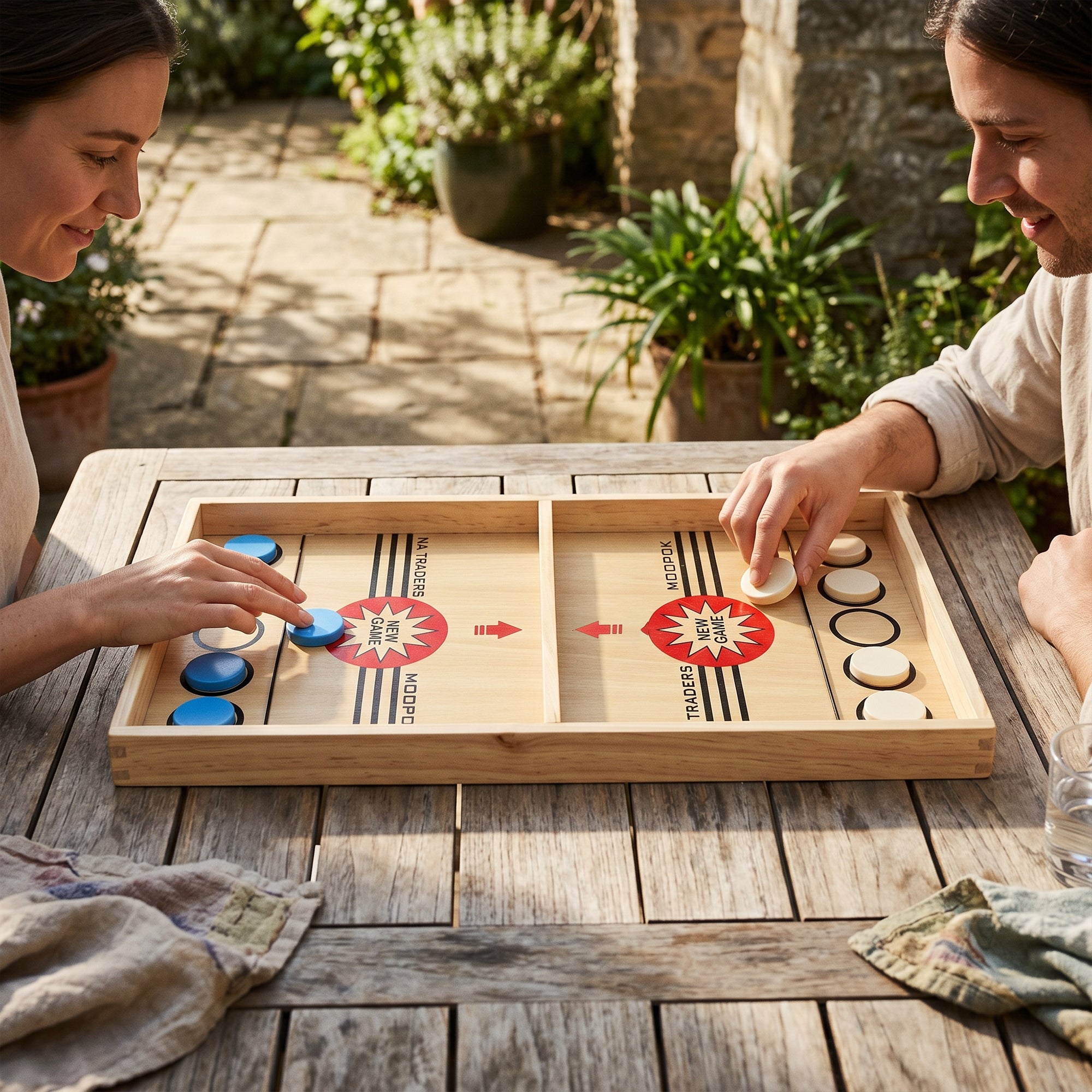 Man and Woman playing a Wooden Sling Puck Board Game outdoors on a wooden table with plants in the background.