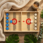 Wooden Sling Puck Board Game with blue and white pieces on a wooden surface with a cup of coffee and leaves.