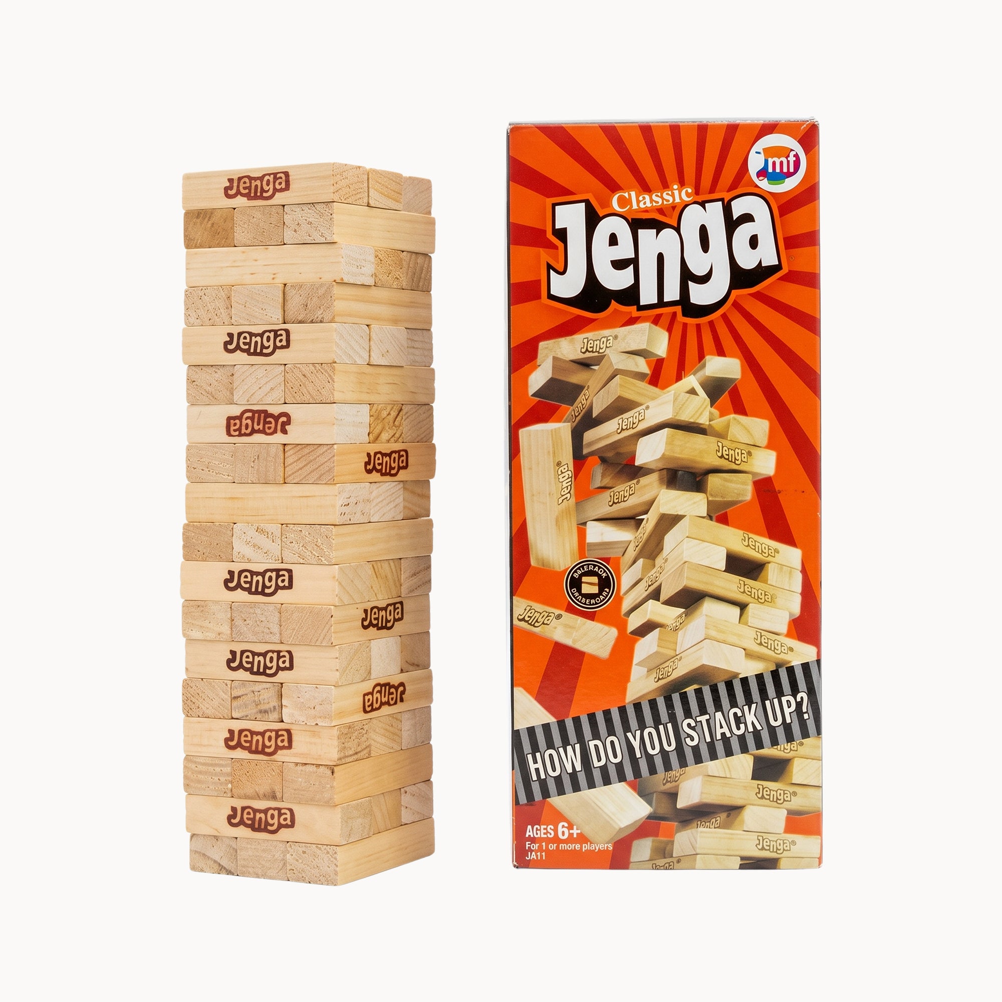 Jenga game set with a tower of wooden blocks and its packaging on a white background