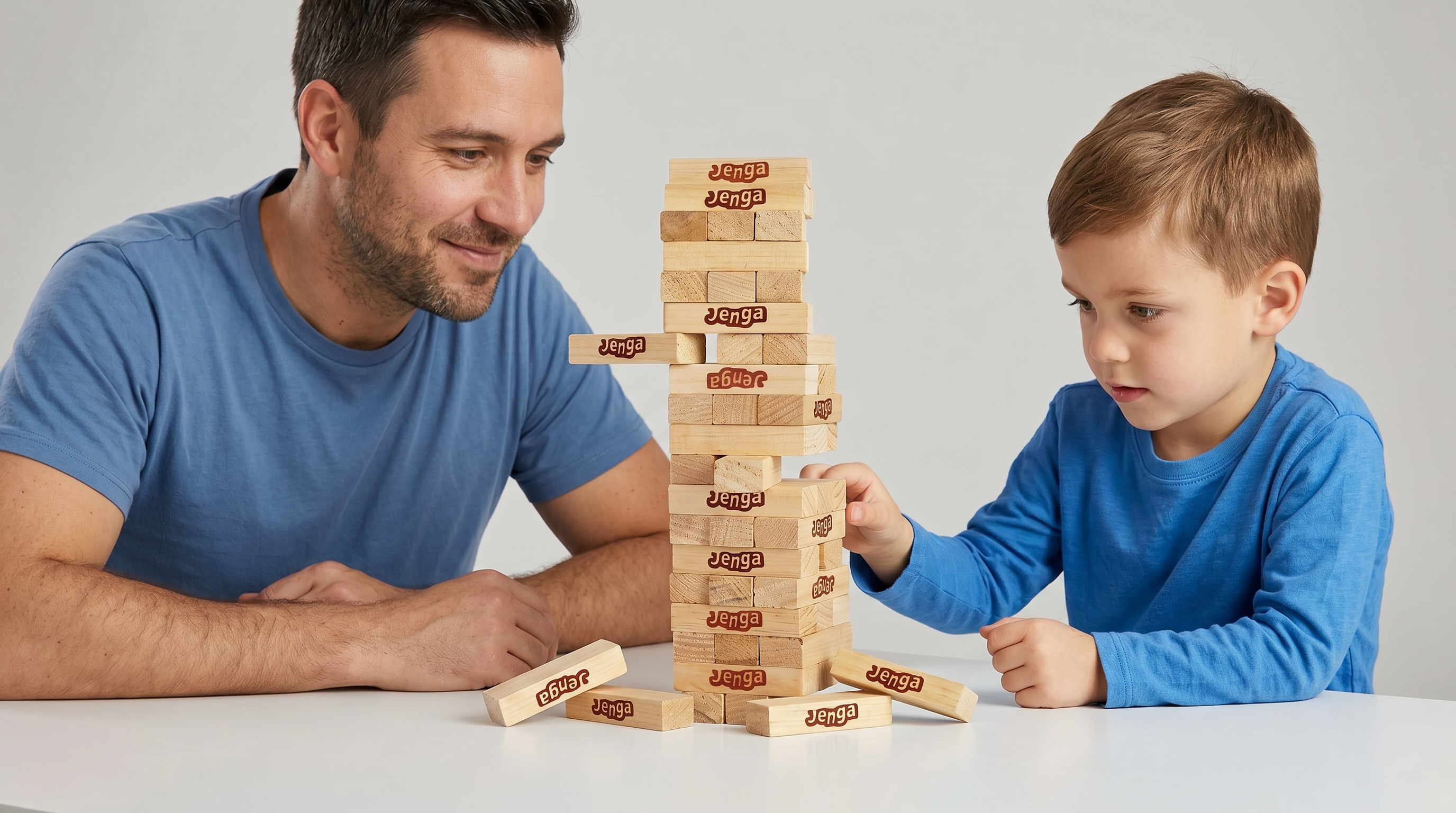 Man and child playing with Jenga blocks on a light gray background