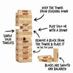Wooden Jenga game set with instructions on a white background