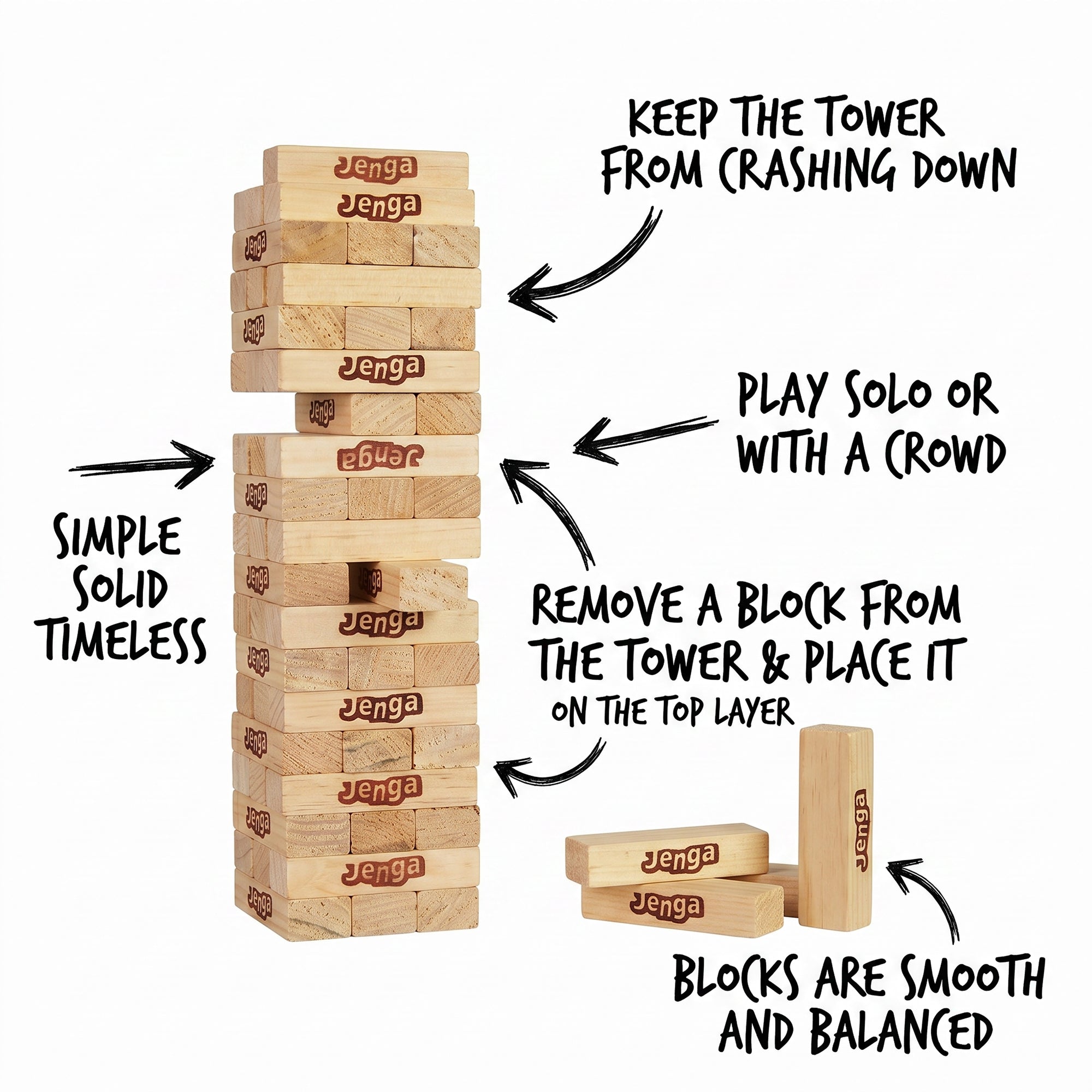 Wooden Jenga game set with instructions on a white background