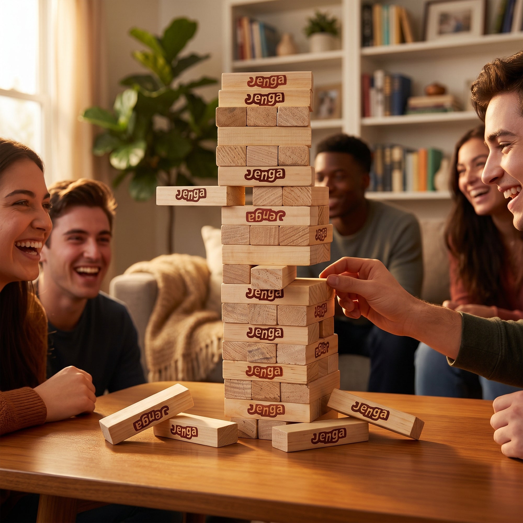 People playing Jenga with a wooden block tower on a table in a living room.