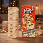Jenga game set with tower and packaging on a wooden table.