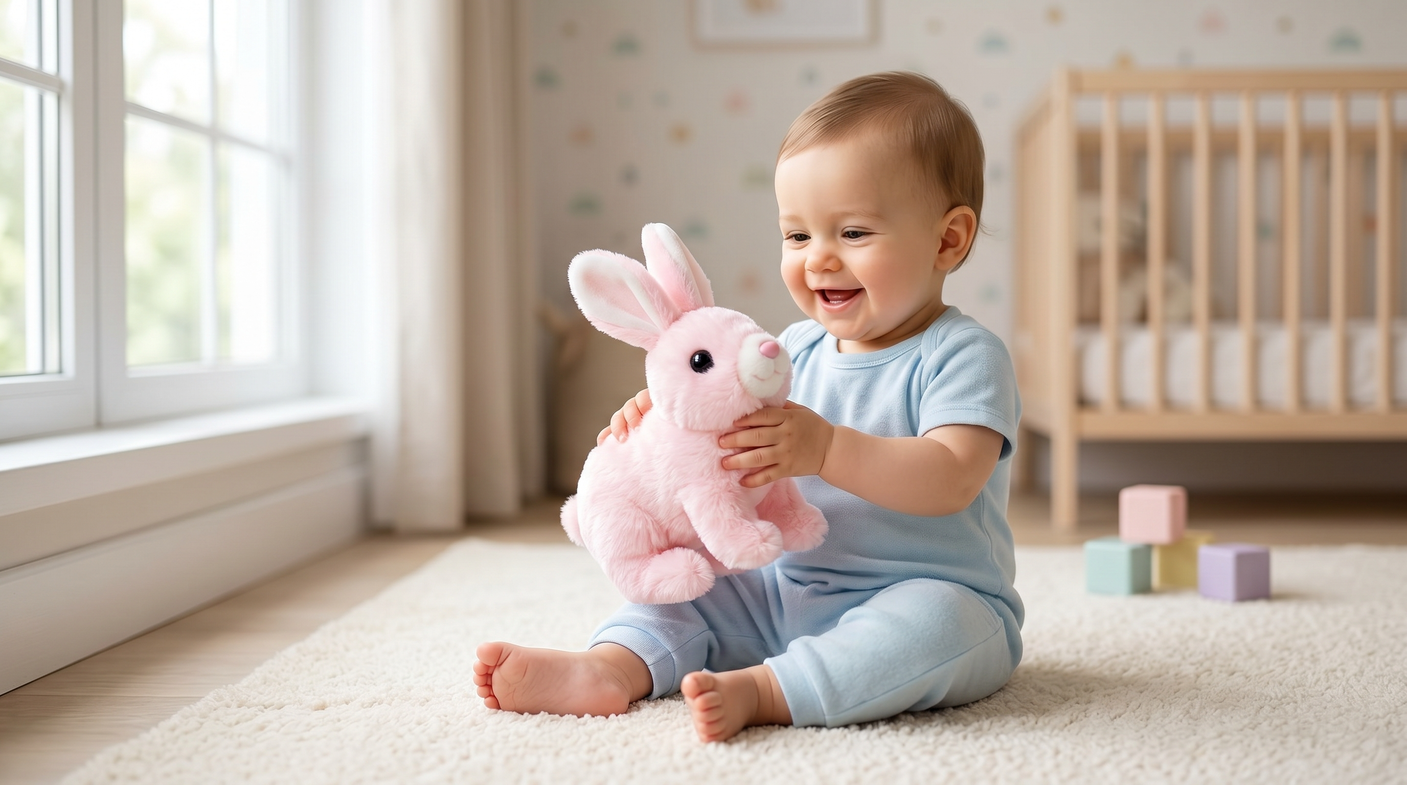 Baby playing with a pink stuffed bunny in a nursery