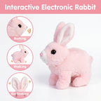 Pink electronic rabbit toy with features on a white background