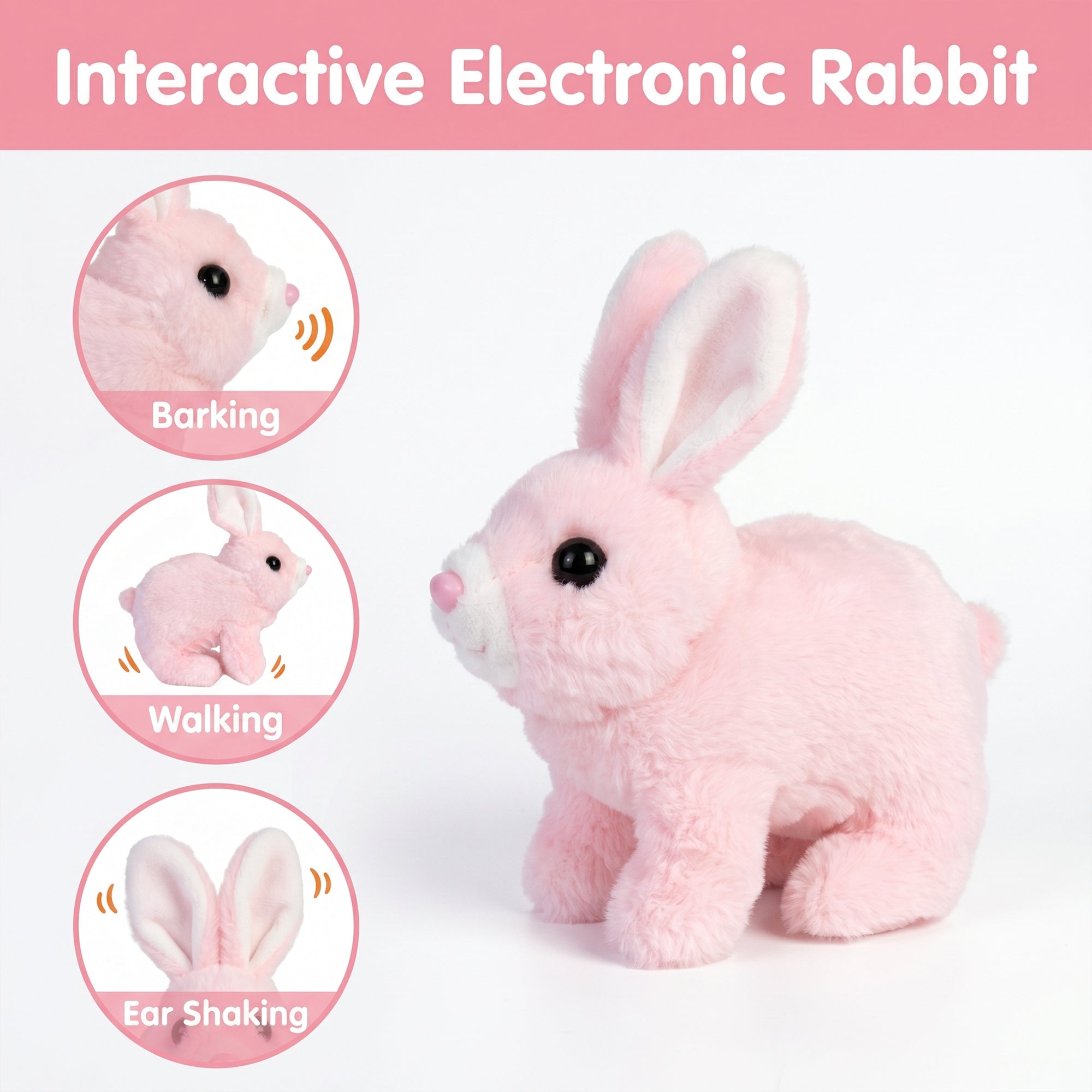 Pink electronic rabbit toy with features on a white background