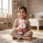 Child holding a pink stuffed rabbit in a cozy bedroom