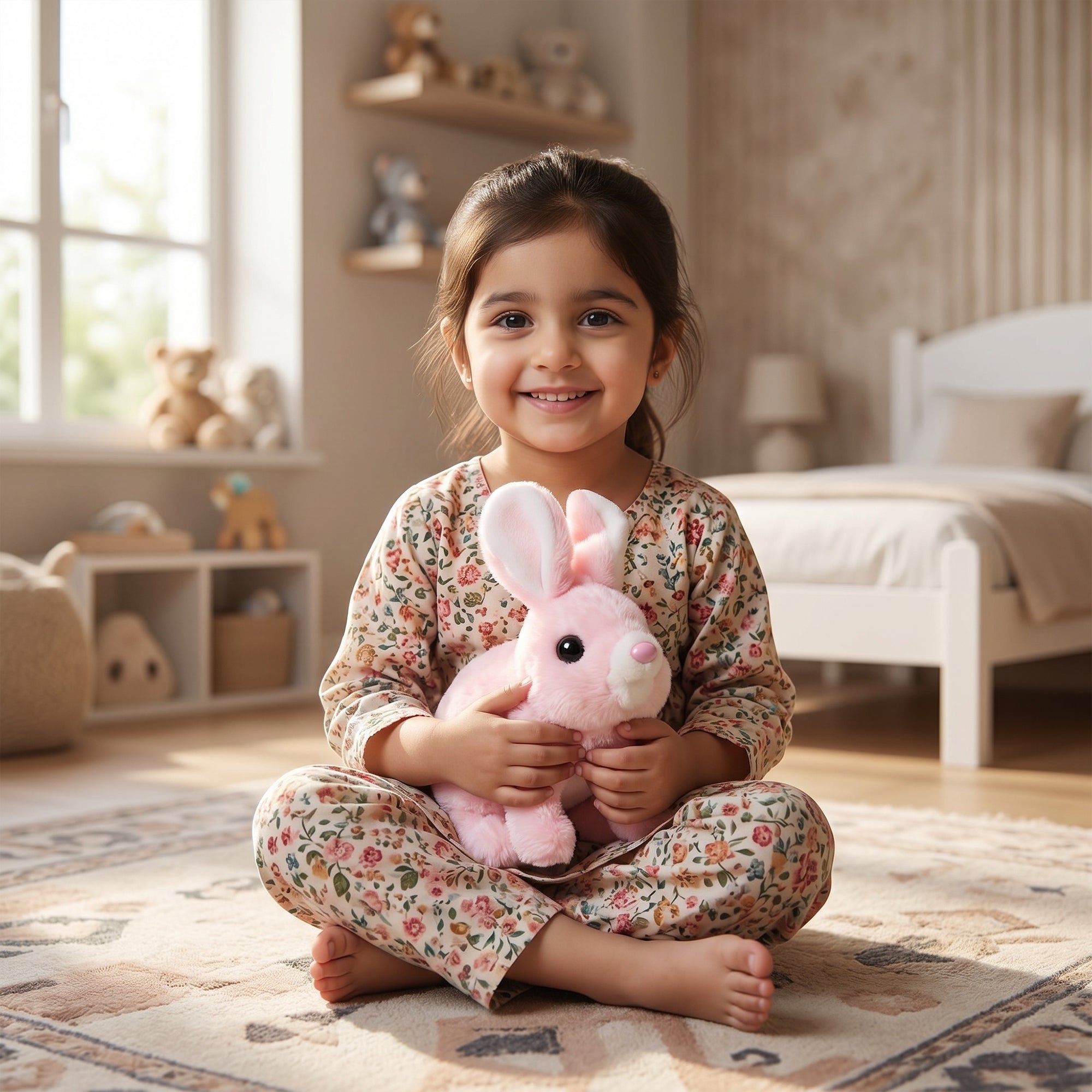 Child holding a pink stuffed rabbit in a cozy bedroom