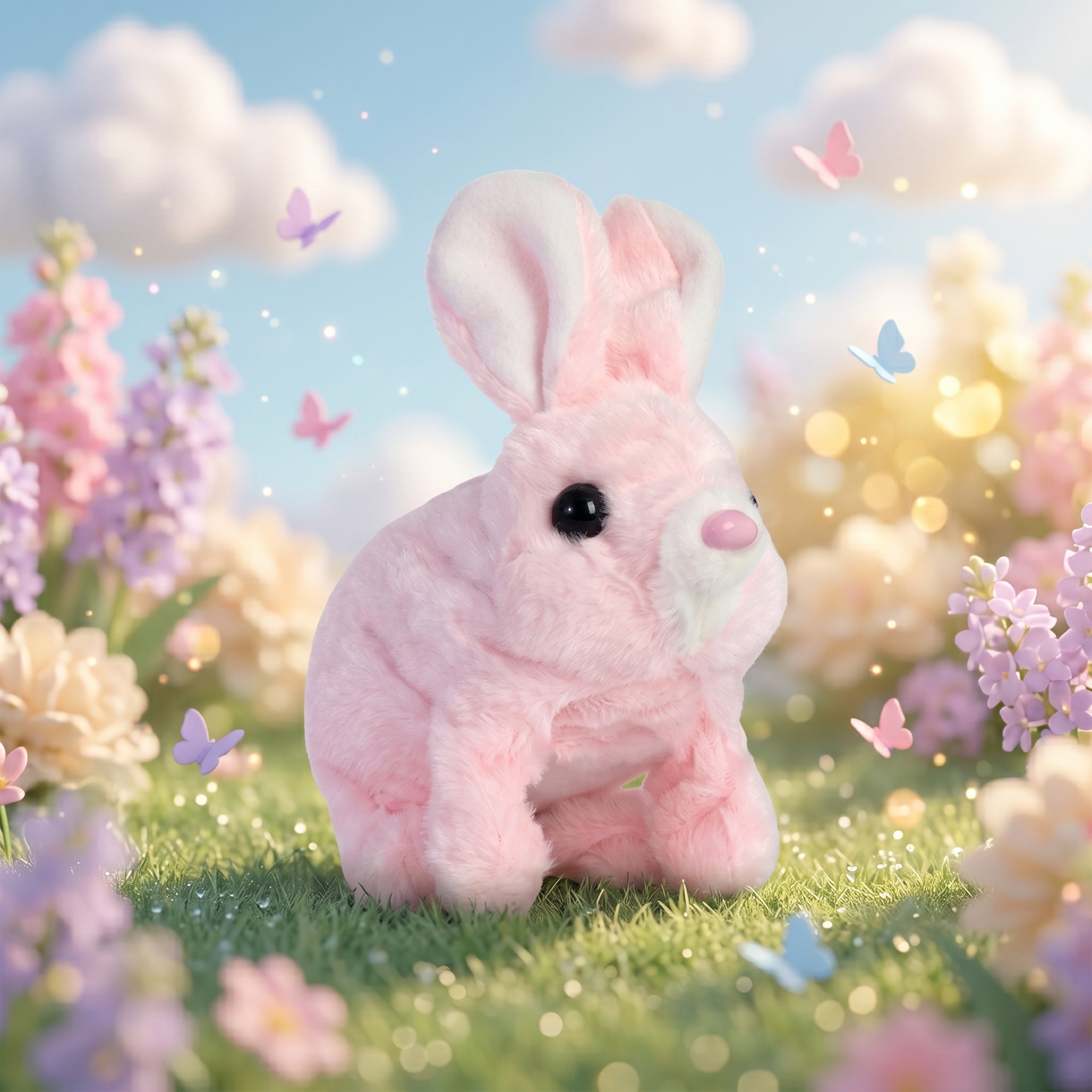 Pink plush bunny in a fantasy garden with flowers and butterflies