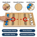 Wooden game board with acrylic pucks and elastic band, labeled features and benefits.