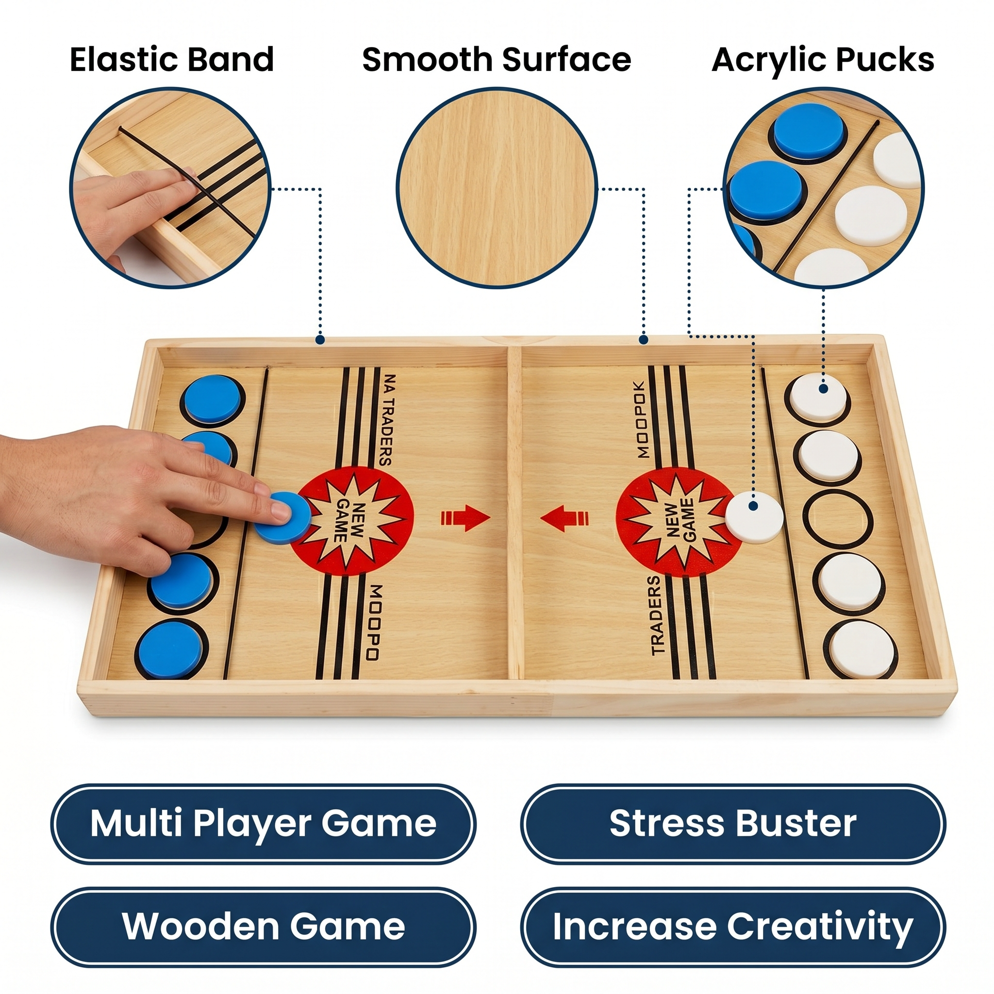 Wooden game board with acrylic pucks and elastic band, labeled features and benefits.