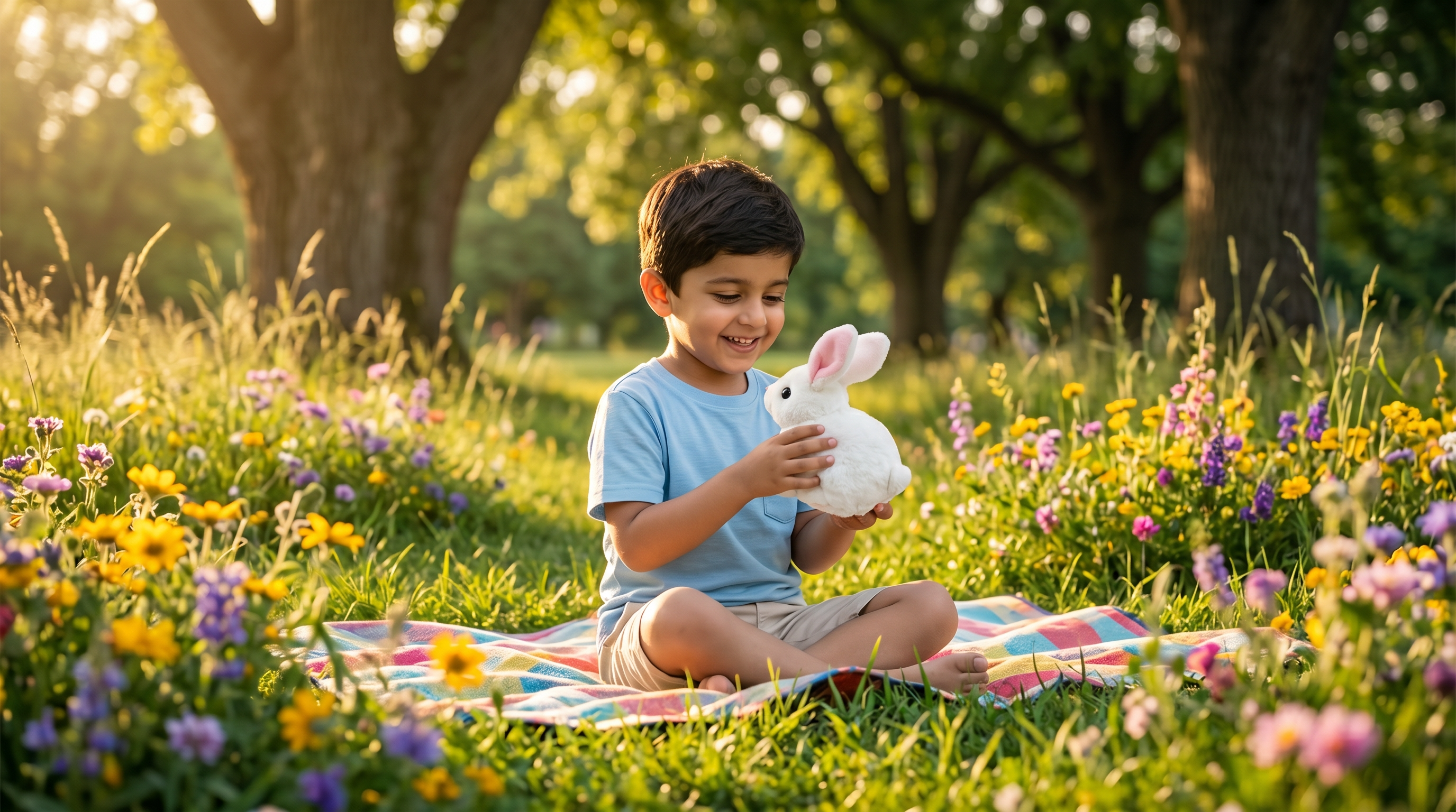Child holding a bunny plush toy in a field of flowers
