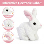 Interactive electronic rabbit toy with features highlighted on a pink background